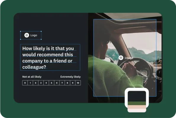 Survey creation screen showing a person driving and an NPS question about how likely is it you would recommend the company to a friend or colleague