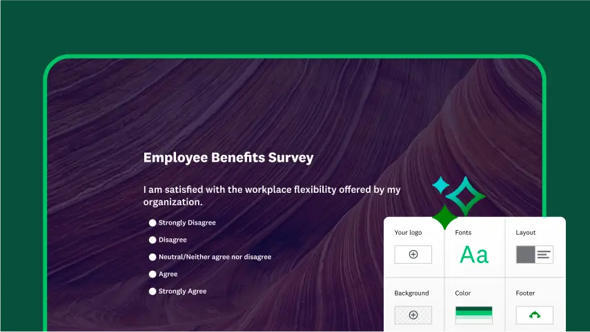 Screenshot of employee benefits survey, next to survey design controls such as editing colors, fonts, and layout