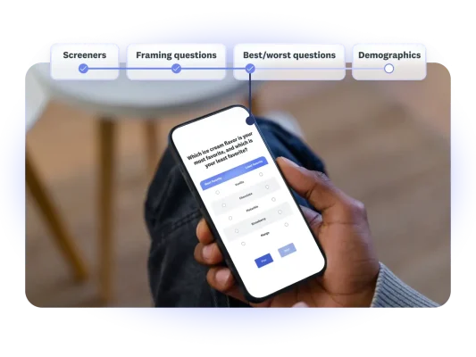 Person looking at a survey question on their phone, asking about which ice cream flavors are their most to least favorite