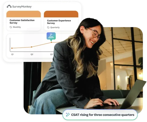 Woman using laptop with SurveyMonkey CX and customer satisfaction surveys overlay showing employee feedback CSAT trends over time