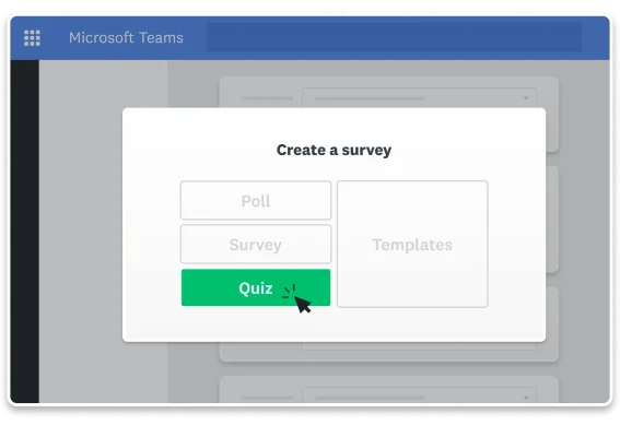 Screenshot of ability to create a poll, survey, or quiz in Microsoft Teams
