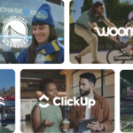 A collage of five customer stories featuring the logos of Golden State Warriors, woom, Hornblower, ClickUp, and Gen Con.