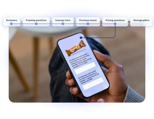 Person looking at a survey question on their phone, asking questions about price points for a protein bar