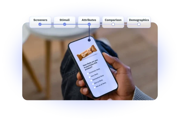 Person looking at a survey question on their phone, asking about how likely they are to purchase this product
