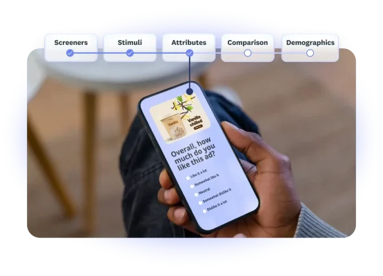 Person looking at a survey question on their phone, asking about how much they like an ad image