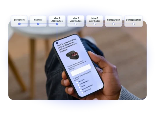 Person looking at a survey question on their phone, asking them questions about a series of ideas