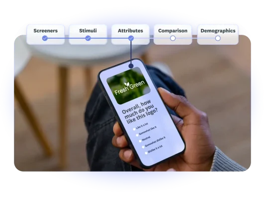 Person looking at a survey question on their phone, asking about how much they like a logo
