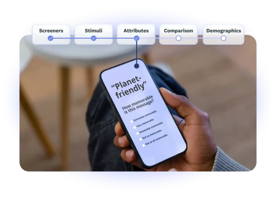 Person looking at a survey question on their phone, asking about how memorable is this message