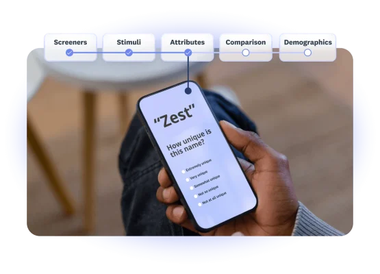 Person looking at a survey question on their phone, asking about how unique is this name