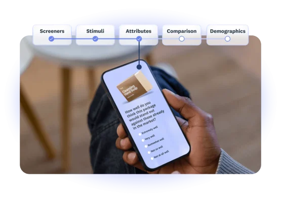 Person looking at a survey question on their phone, asking them questions about how a package looks