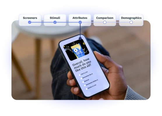 Person looking at a survey question on their phone, asking about how much they like a video ad