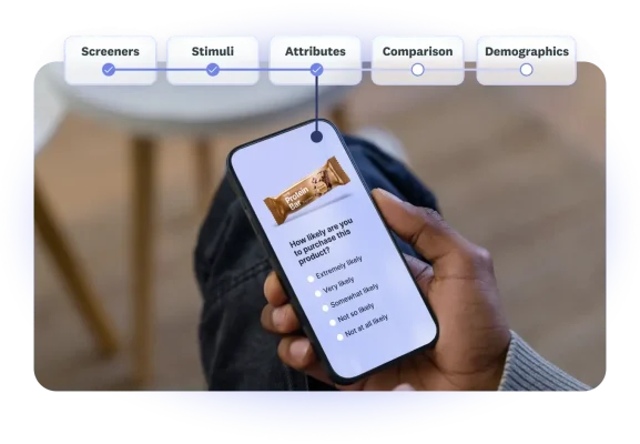 Person looking at a survey question on their phone, asking about how likely they are to purchase this product