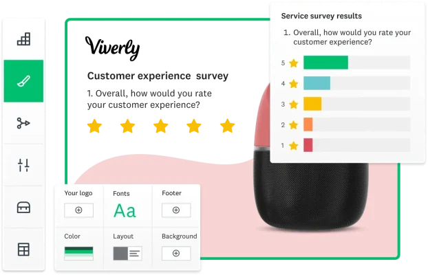 Images of different customization options for SurveyMonkey surveys, including color, text, images, logo, background