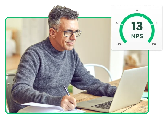 Man looking at laptop screen and writing on paper, next to screenshot of 13 NPS