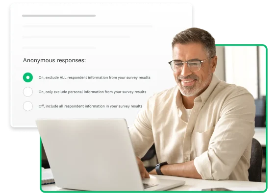 Man typing on laptop, next to screenshot of SurveyMonkey anonymous survey response feature