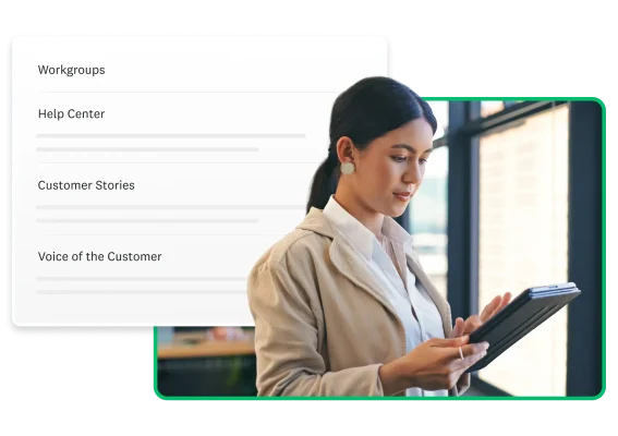 Woman looking at tablet, next to screenshot of SurveyMonkey Workgroups