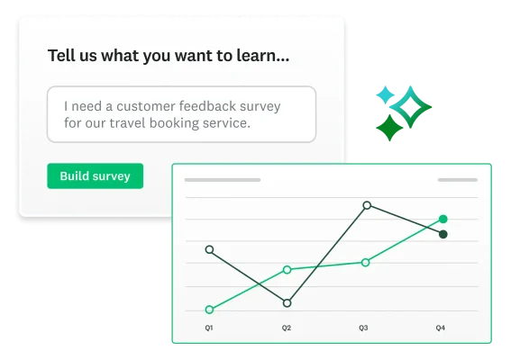 Chat bubbles next to question asking tell us what you want to learn and line chart