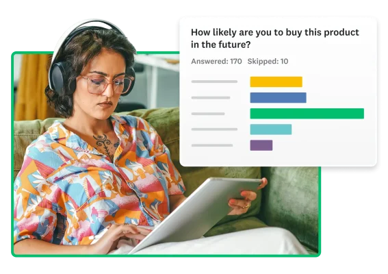 Woman looking at tablet, next to survey question results in bar graph format