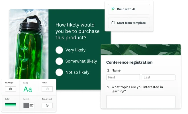 A photo of a water bottle and a survey question reading "How likely would you be to purchase this product?" Next to it are modals to customize your survey, build with AI or start from a template, and a conference registration form