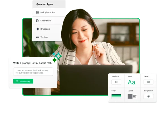 Smiling person working on a laptop. Next to them are screenshots of SurveyMonkey survey question types (multiple choice, checkboxes, dropdown, textbox), a modal to write a prompt and create surveys with the help of AI, and survey customization options