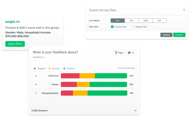 Three screenshots: one with options to export survey data; another with a bar chart showing if feedback was negative, neutral, or positive; and an insight about a product tested