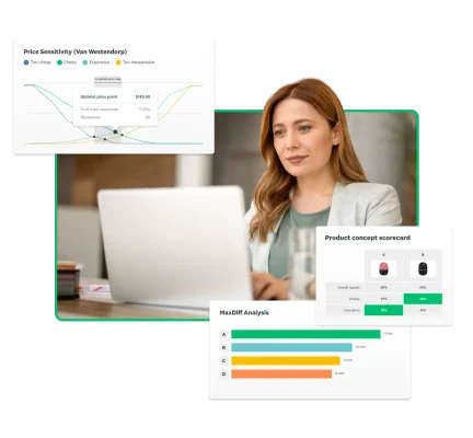woman on laptop with pop ups of market research