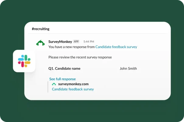 A Slack notification showing a new SurveyMonkey candidate feedback survey response.