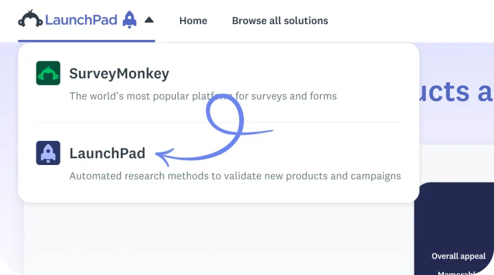 Screenshot of navigation switcher between SurveyMonkey and LaunchPad