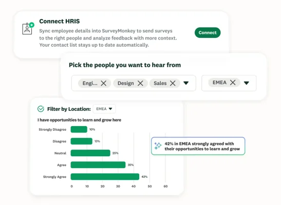 SurveyMonkey HRIS integration workflow showing employee audience filtering and regional feedback survey results
