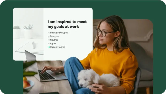 Woman typing on laptop next to survey question asking to agree or disagree with I am inspired to meet my goals at work
