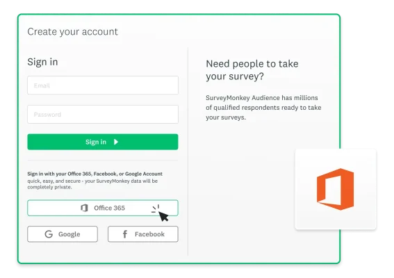 Screenshot of SSO abilities for SurveyMonkey using Office 365 login