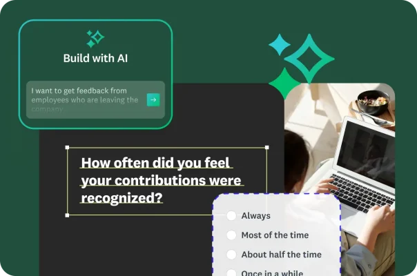 A person on a laptop with an overlay showing an AI prompt and a multiple-choice survey question.