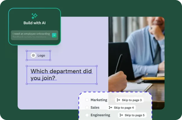 A candidate interview in progress with a survey overlay showing conditional skip logic for department selection.