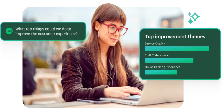 A woman is typing on a laptop. An overlay shows a conversation bubble with a survey question, "What top things could we do to improve the customer experience?" and a bar chart titled "Top improvement themes," which includes "Service Quality," "Staff Performance," and "Online Banking Experience."