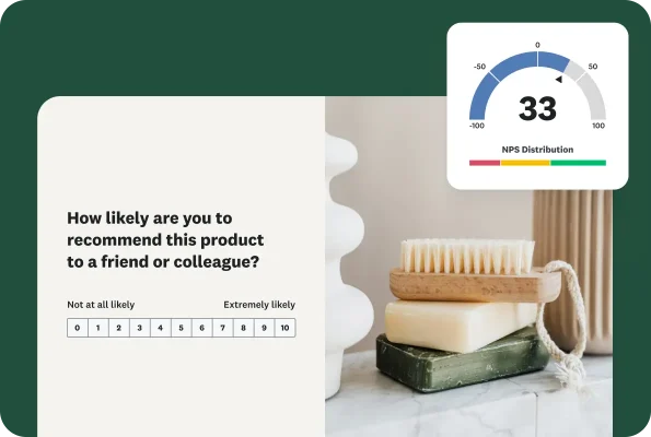 A photo of bars of soap and a brush. An overlaid form asks, "How likely are you to recommend this product to a friend or colleague?" with a 0-10 rating scale. An NPS score gauge shows a score of 33.