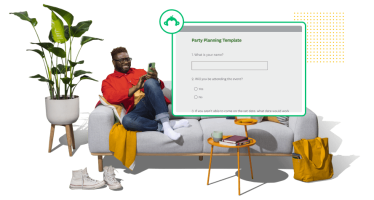 Man sitting on sofa looking at phone with a screenshot of SurveyMonkey party planning template next to him