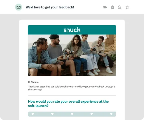 A personalized email survey invite for a snuck soft launch event, featuring an image and the customer's name.