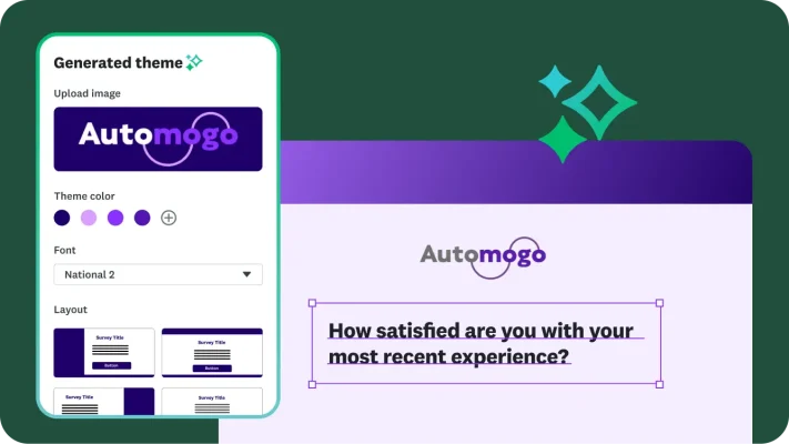 A design interface showing how to create a custom survey theme. It includes options to upload a logo and select colors. The preview shows a question: "How likely are you to return for future repairs or maintenance?" with the company logo "Automogo."