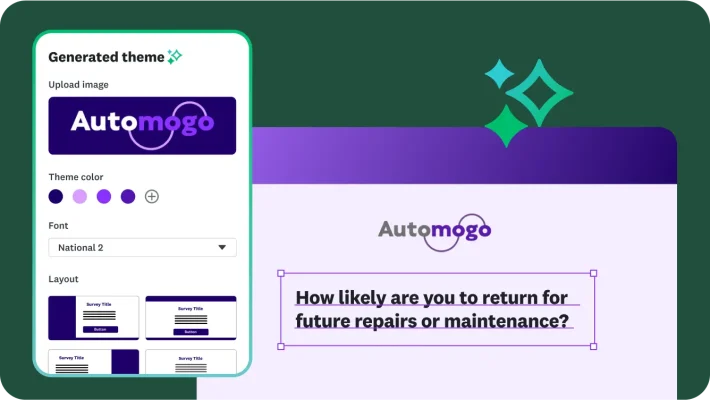 A design interface showing how to create a custom survey theme. It includes options to upload a logo, select theme colors, and choose a font and layout. The survey preview shows a question: "How likely are you to return for future repairs or maintenance?" with the company logo "Automogo."