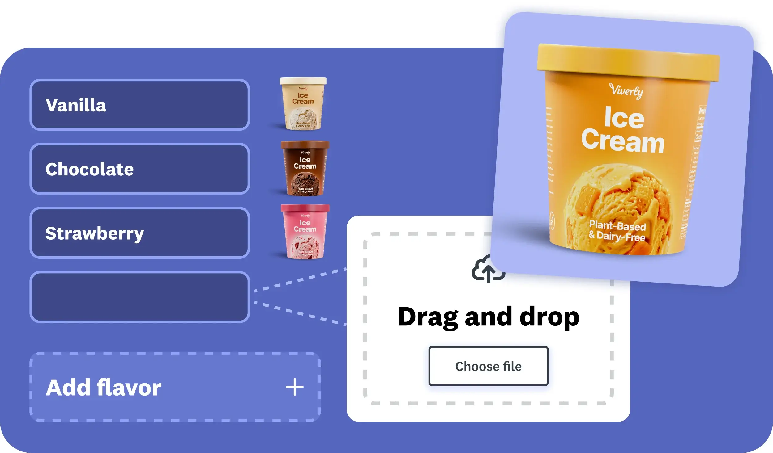 SurveyMonkey LaunchPad interface showing ice cream flavor options and a drag-and-drop file upload area for Viverly product packaging images