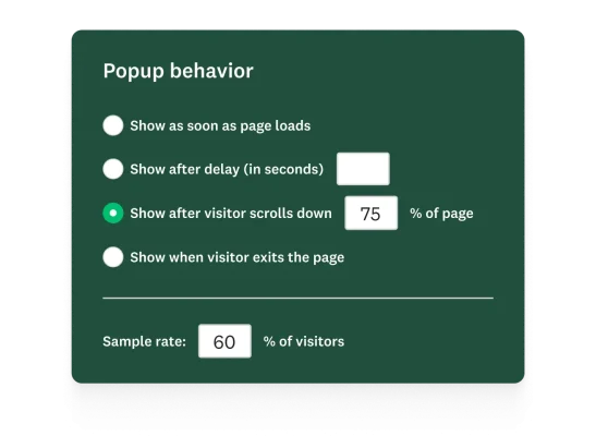 Modal showing options for popup behavior, which allows to show as soon as page loads, or after a delay, or after visitor scrolls down a percentage of the page, or exits a page