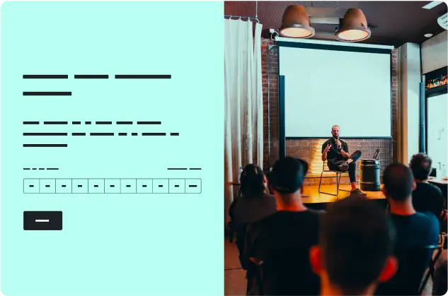 Picture of people listening to a speaker at an event next to a screenshot of a survey template against an aqua blue background