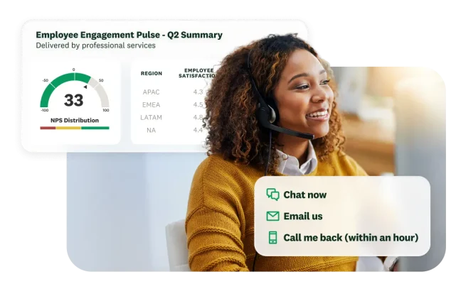 Woman wearing headset looking at computer, next to results for employee engagement pulse Q2 summary, with NPS of 33