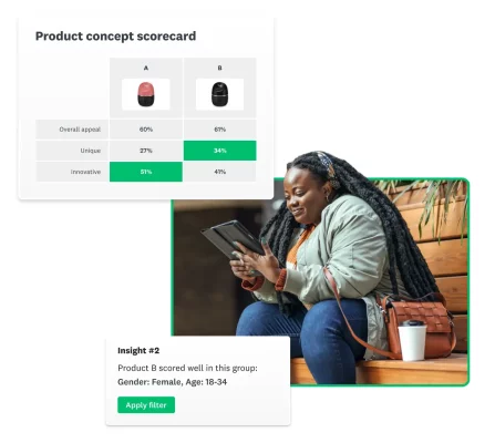 Woman sitting and looking at tablet next to screenshots of SurveyMonkey concept testing solution and insights