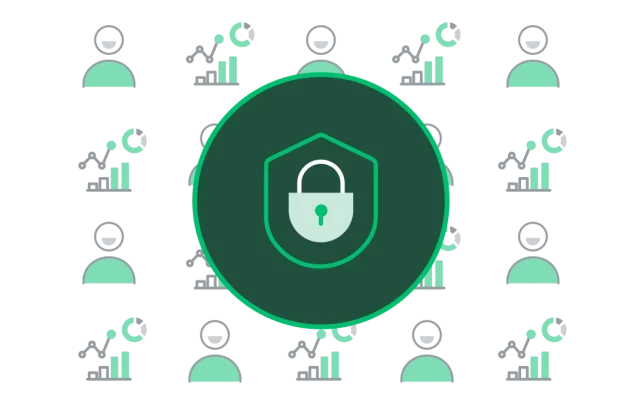 Icône d’un cadenas vert entourée de graphiques linéaires et à barres