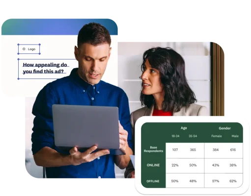 Man and woman reviewing survey creation and results on laptops