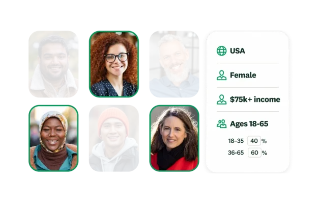 Audience panel targeting tool showing diverse user portraits alongside demographic filters for location, gender, income, and age range