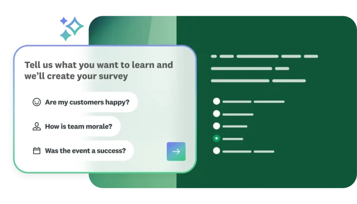 AI survey builder prompt window offering prompt options for customer happiness, team morale, and event success surveys next to a generated survey form mockup