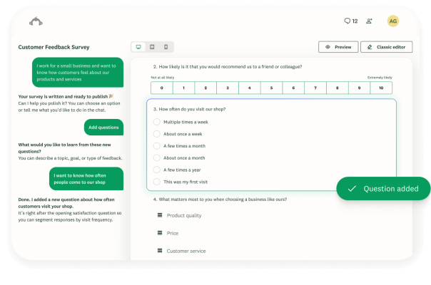 AI chat interface creating and adding a new question to a customer feedback survey