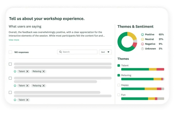 Graphs showing themes and sentiment analysis for a survey